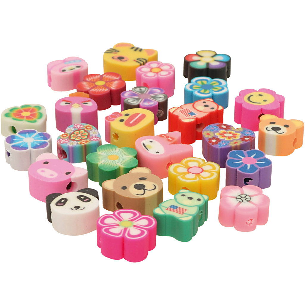 Animal and flower beads, dia. 10 mm, hole size 1,5 mm, 200 asstd.
