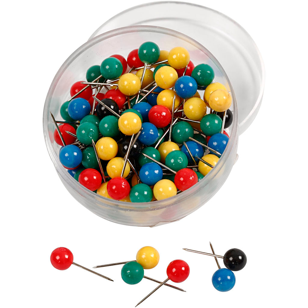 Map Pins, L: 17 mm, dia. 6 mm, assorted colours, 100 asstd.