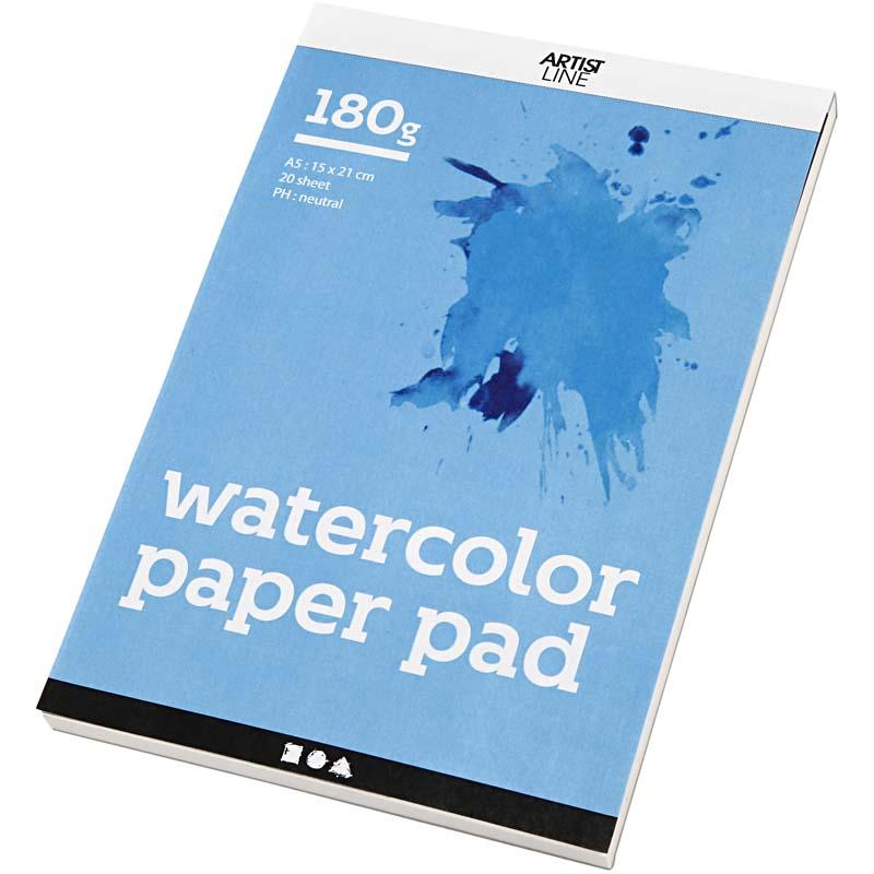 Watercolour Block, A5, sheet 148x210 mm, 180 g, white, 20 sheet/ 1 pc