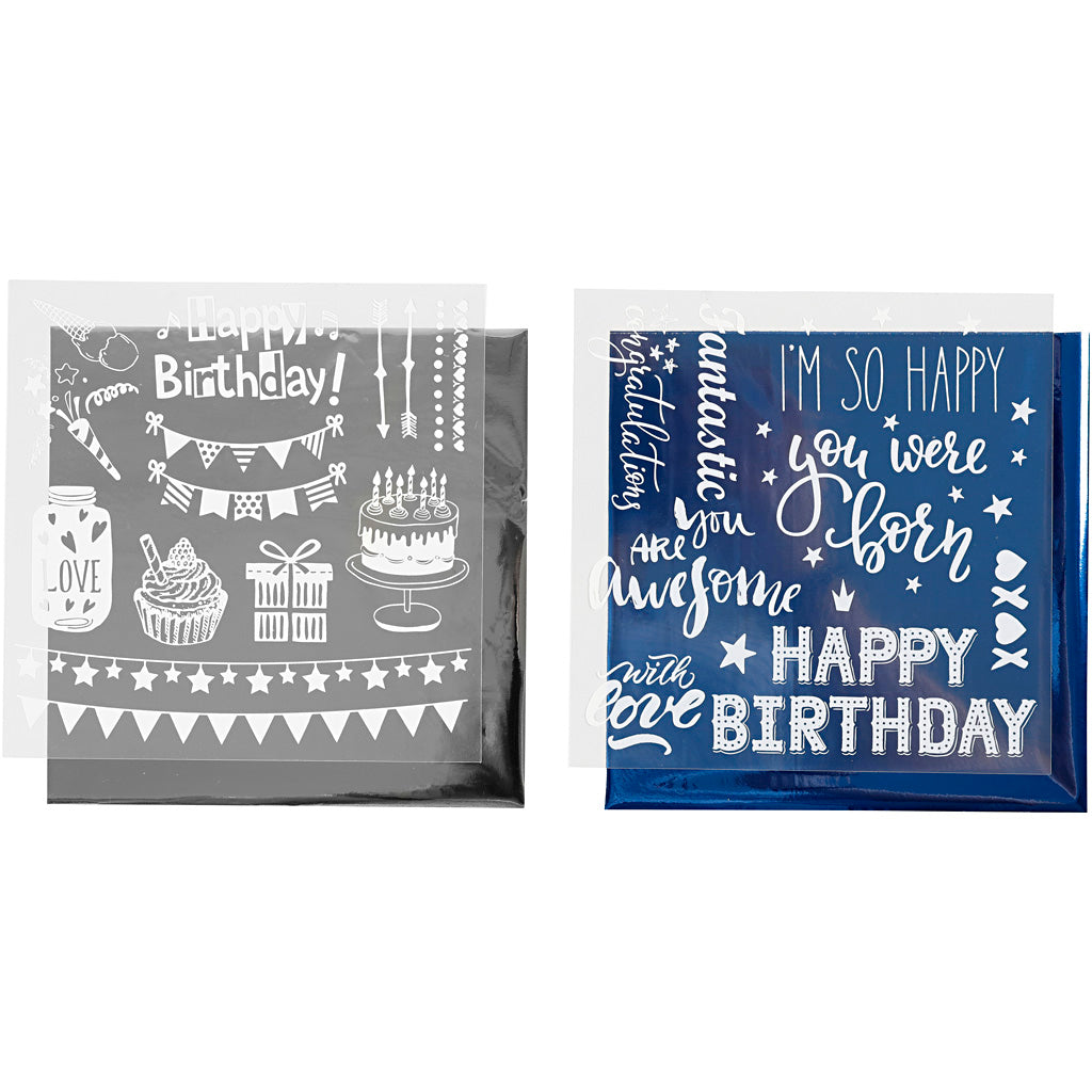 Deco Foil and transfer sheet, birthday, sheet 15x15 cm, dark blue, silver, 2x2 sheet