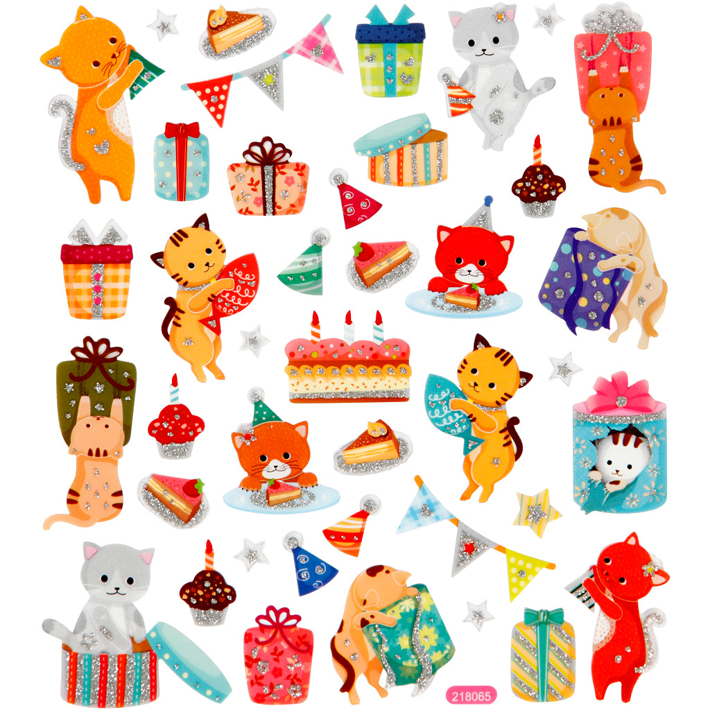 Stickers, birthday cats, sheet 15x16,5 cm, ca. 38 pc, 1 sheet