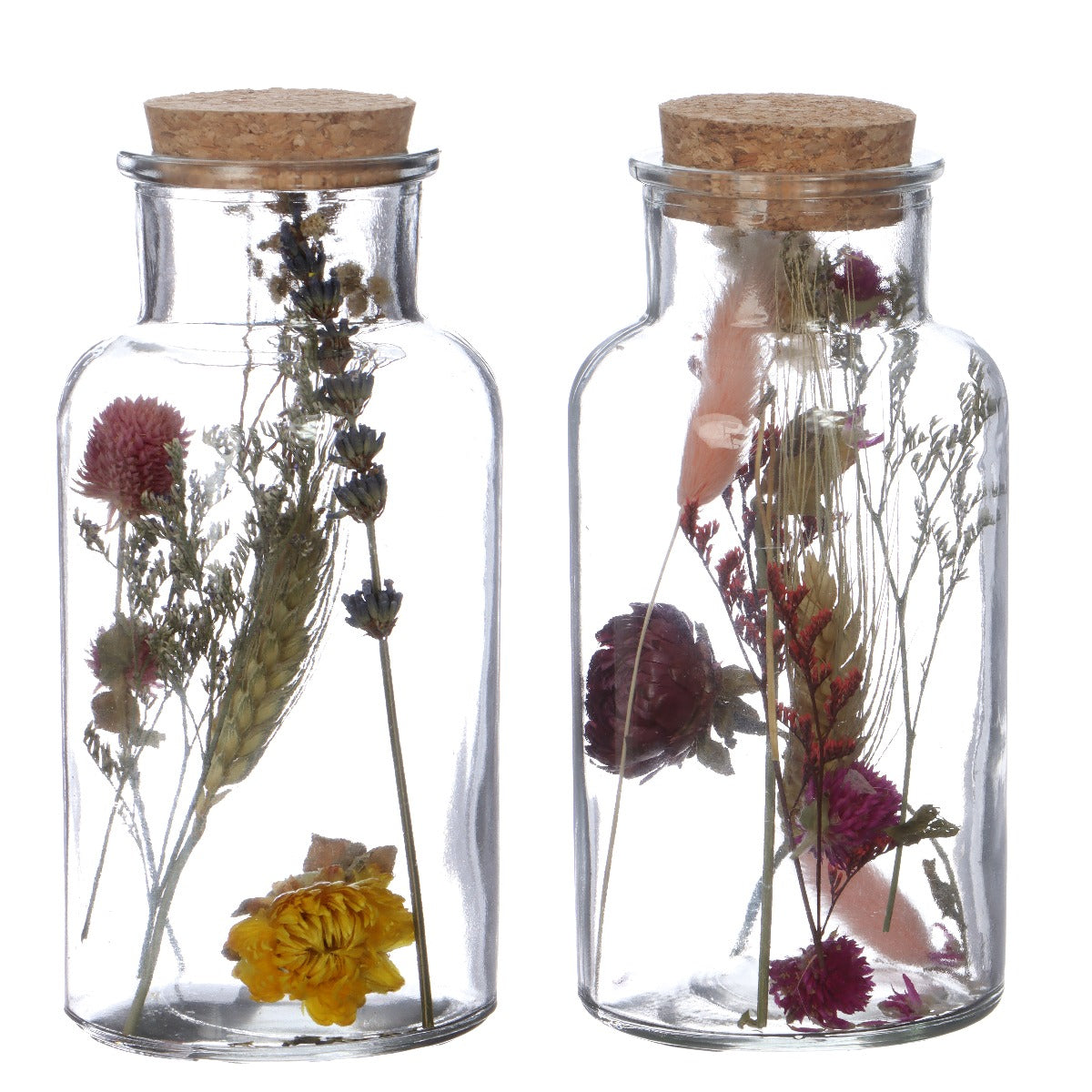Glass medicine bottle with 2 different dried flowers Ø8cm (12 pcs.)
