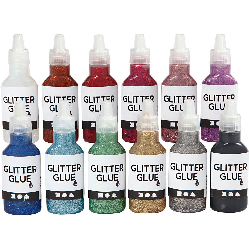 Glitter Glue, assorted colours, 12x25 ml
