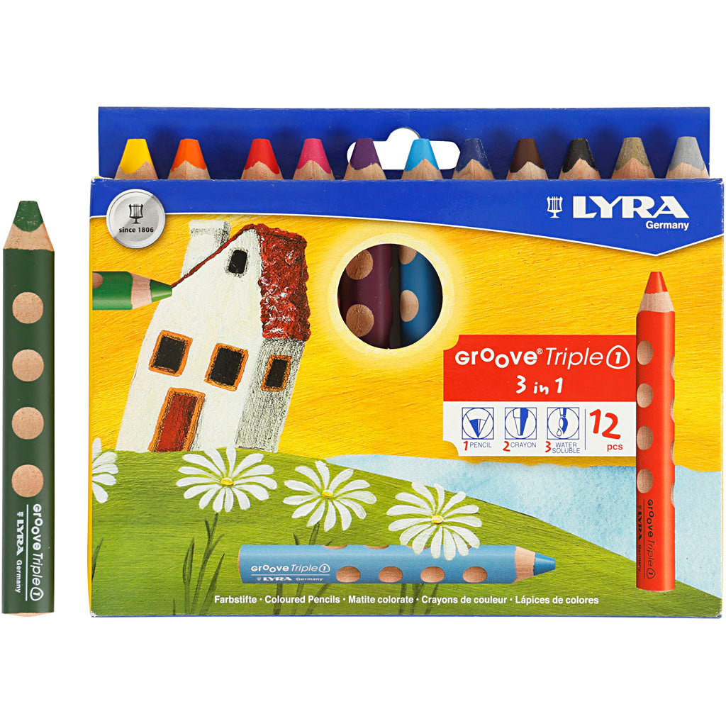 Groove Triple1 Colouring Pencils, L: 12 cm, lead 10 mm, assorted colours, 12 pc