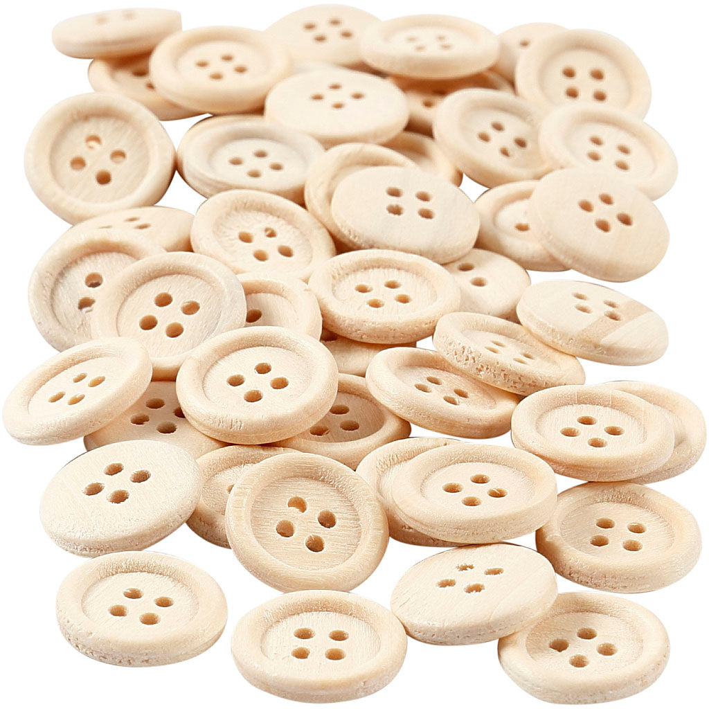 Wooden Buttons, dia. 15 mm, 4 holes, 50 pc