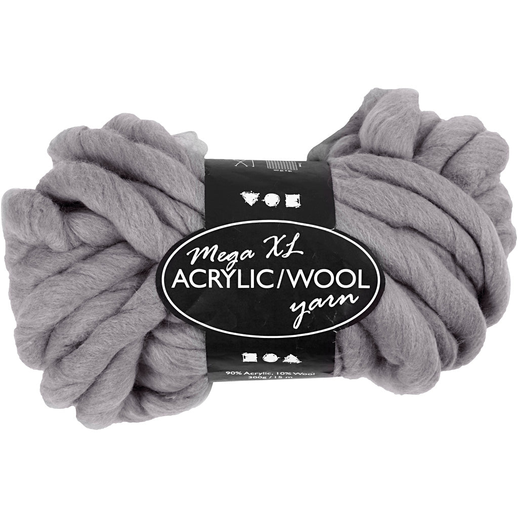 Chunky Yarn of Acrylic/Wool, L: 15 M, size mega, grey, 300 g/ 1 ball