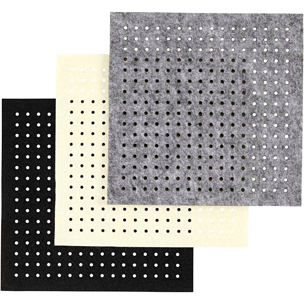 Craft Felt with Holes, size 20x20 cm, thickness 3 mm, black, grey, off-white, 3x4 sheet