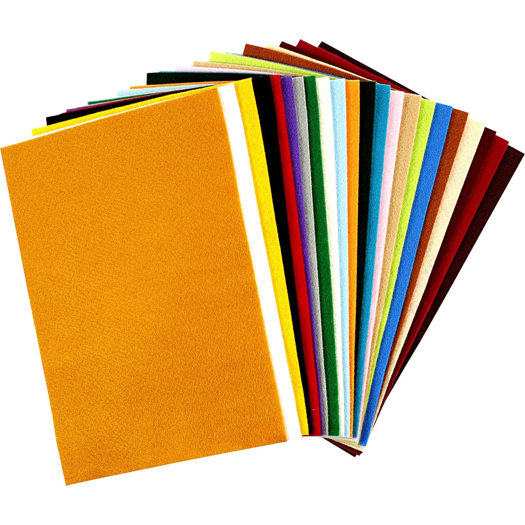 Craft felt, sheet 20x30 cm, thickness 1,5-2 mm, 180-200 g, assorted colours, 24 ass sheets