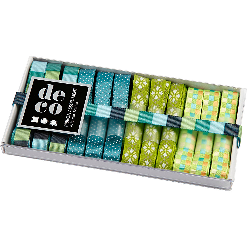 Decorative Ribbon, W: 10 mm, blue/green harmony, 12x1 m