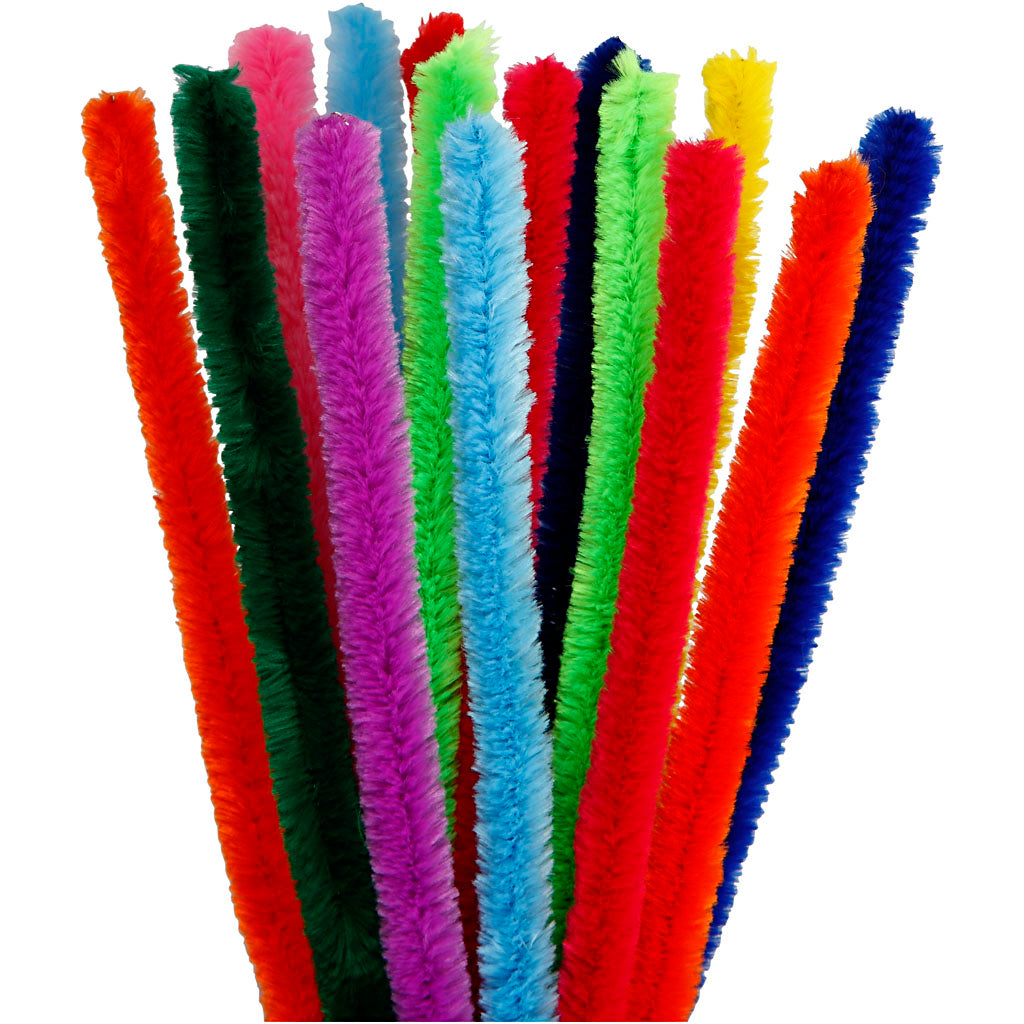 Chenille, L: 30 cm, thickness 15 mm, assorted colours, 15 asstd.