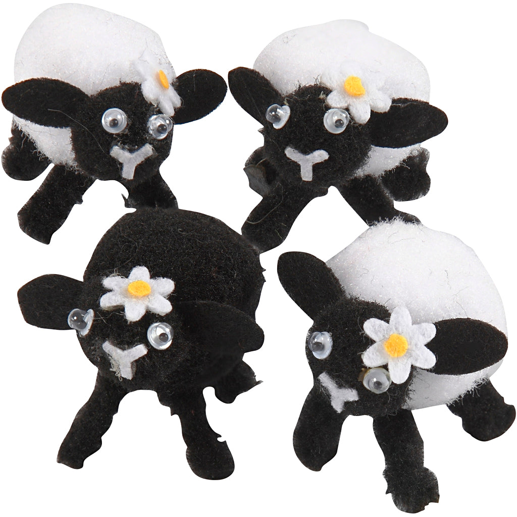Easter lambs, H: 35 mm, black, white, 4 pc