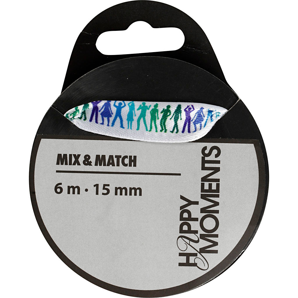 Satin Ribbon With Print, W: 15 mm, light blue, 6 m/ 1 roll