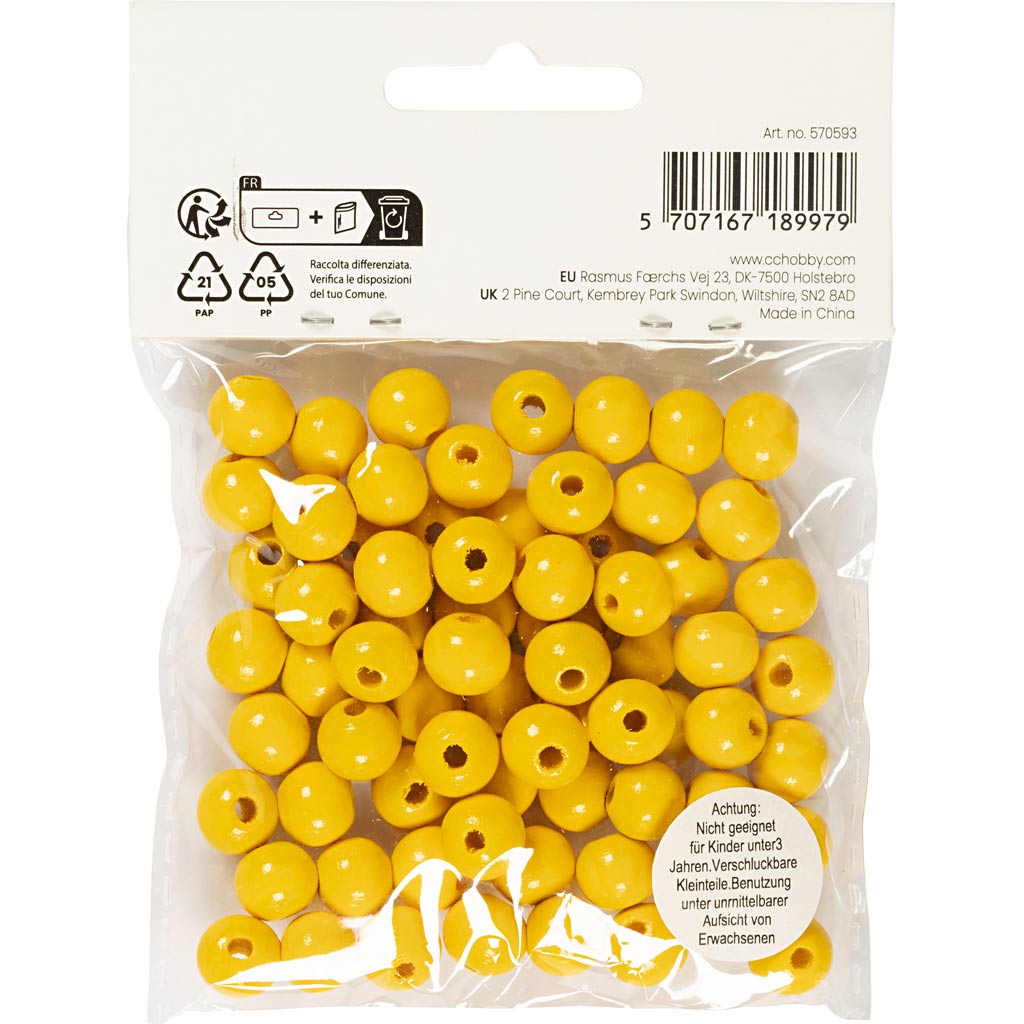 Wooden Beads, dia. 10 mm, hole size 3 mm, ca. 70 pc, yellow, 20 g