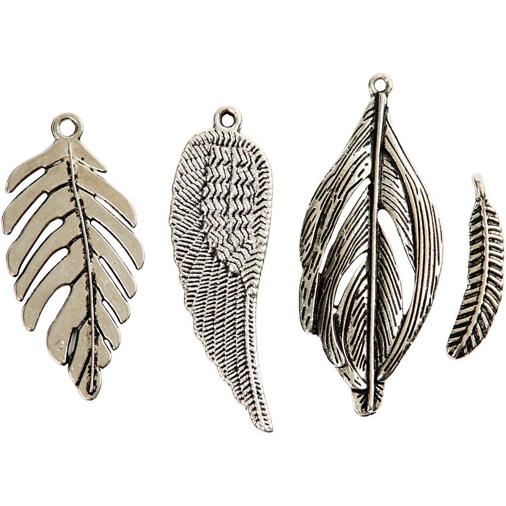 Feather, dia. 29-55 mm, hole size 12-20 mm, antique silver, 4x10 pc