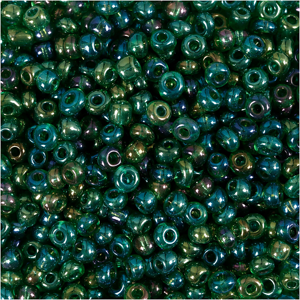Rocaille Seed Beads, dia. 3 mm, size 8/0, hole size 0,6-1,0 mm, green oil, 25 g