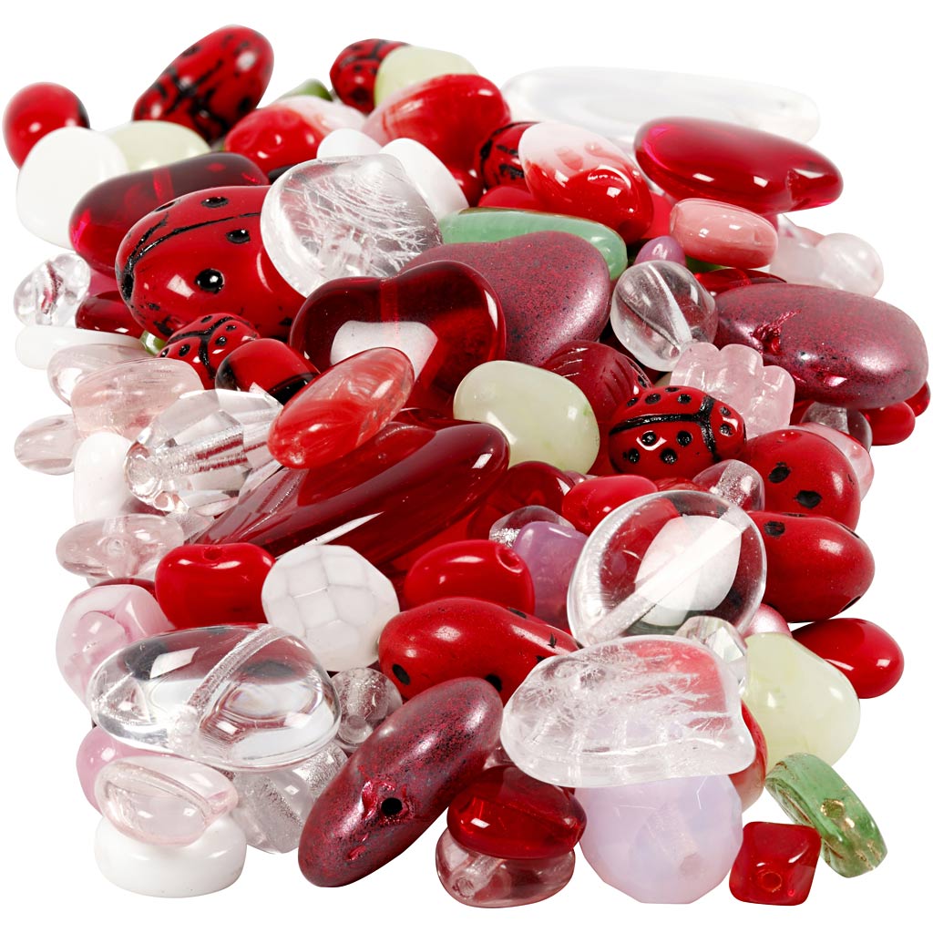 Glass beads, ladybirds, leaves, hearts, dia. 5-22 mm, hole size 0,5-1,5 mm, assorted colours, 350 g