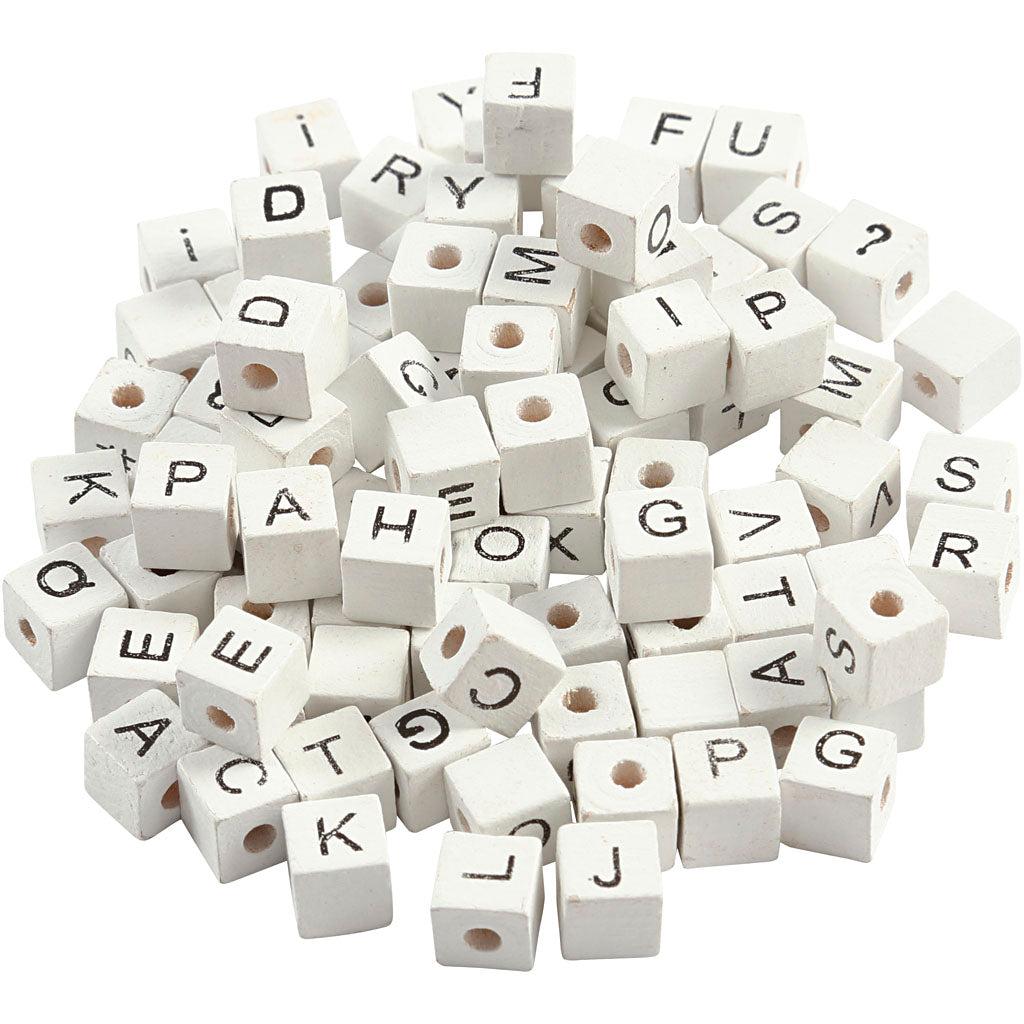 Letter Bead, A-Z, &, #, ?, size 8x8 mm, hole size 3 mm, white, 96 asstd.