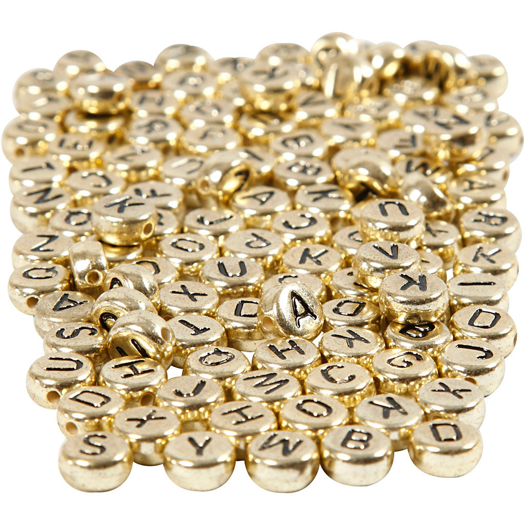Letter Beads, dia. 7 mm, hole size 1 mm, ca. 1500 pc, gold, 165 g