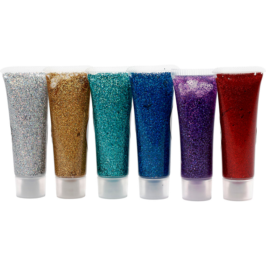 Glitter Gel, assorted colours, 6x18 ml