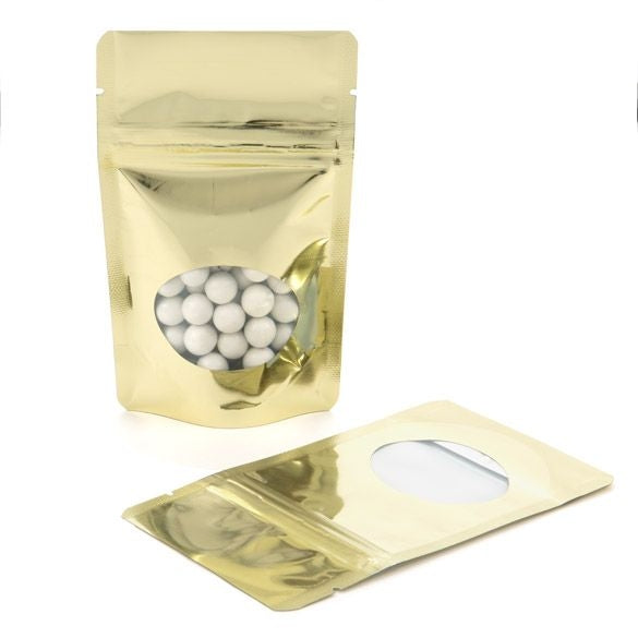 Stand Up Pouches Gold with oval Window 8x5x13cm | 28 grams