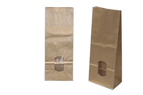 Block Bottom Bags Kraft Brown 8x5x24cm 70 g/m2 lined with 30my OPP Foil and clear Window | 200-250 grams