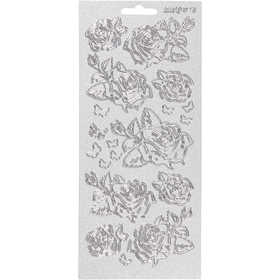 Autocollants, roses, feuille 10x23 cm, argent, 1 flles [HOB-170162]
