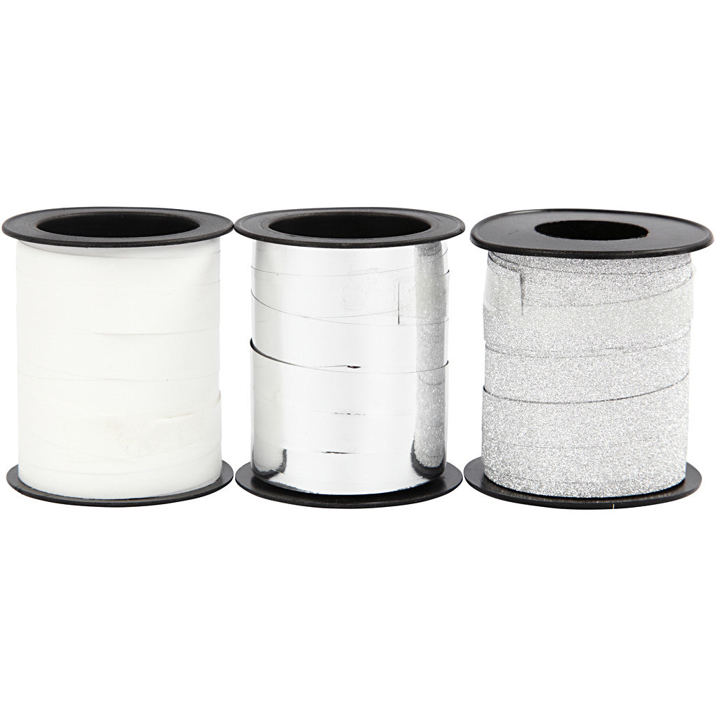 Kräuselband, B 10 mm, Silber, Glitter silber, Weiß, 3x15 m/ 1 Pck [HOB-202412]