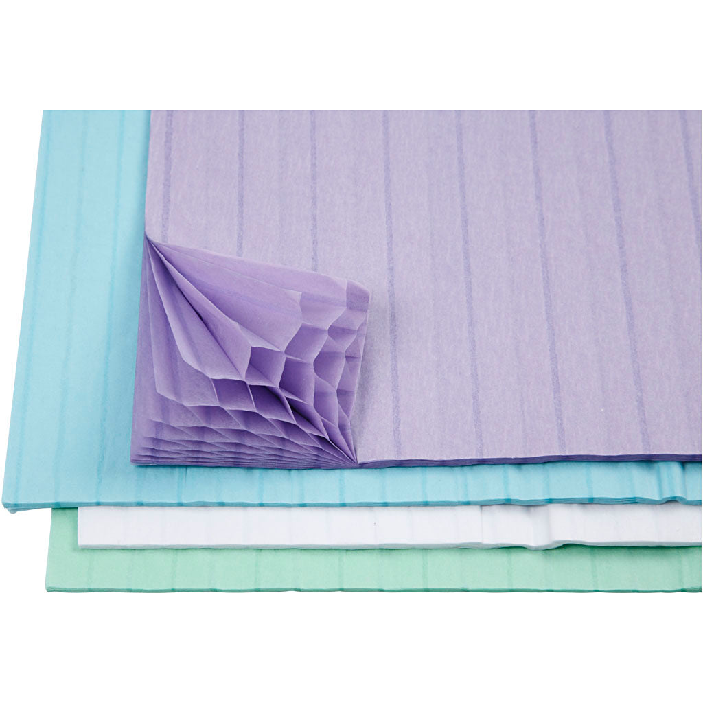 Honeycomb paper, sheet 28x17,8 cm, light blue, green, purple, white, 4x2 sheet