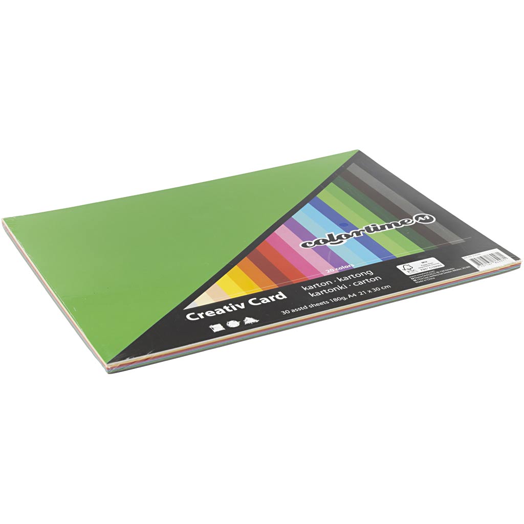 Papier Cartonné Colortime, A4, feuille 210x297 mm, 180 gr, ass. de couleurs, 30 flles ass./ 1 Pq. [HOB-214240]