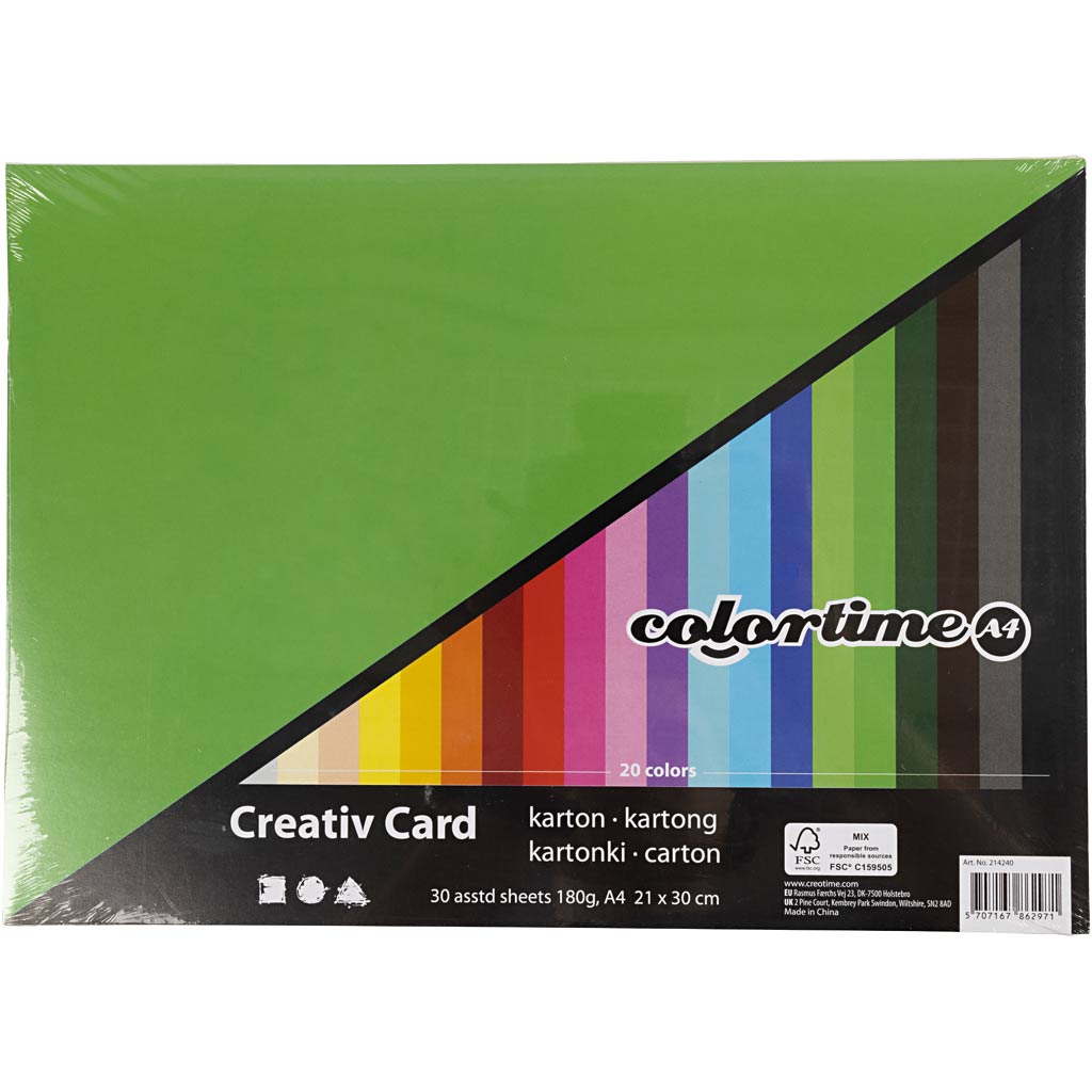 Cartoncino Colorato, A4, foglio 210x297 mm, 180 g, colori asst., 30 fgl. asst./ 1 conf. [HOB-214240]