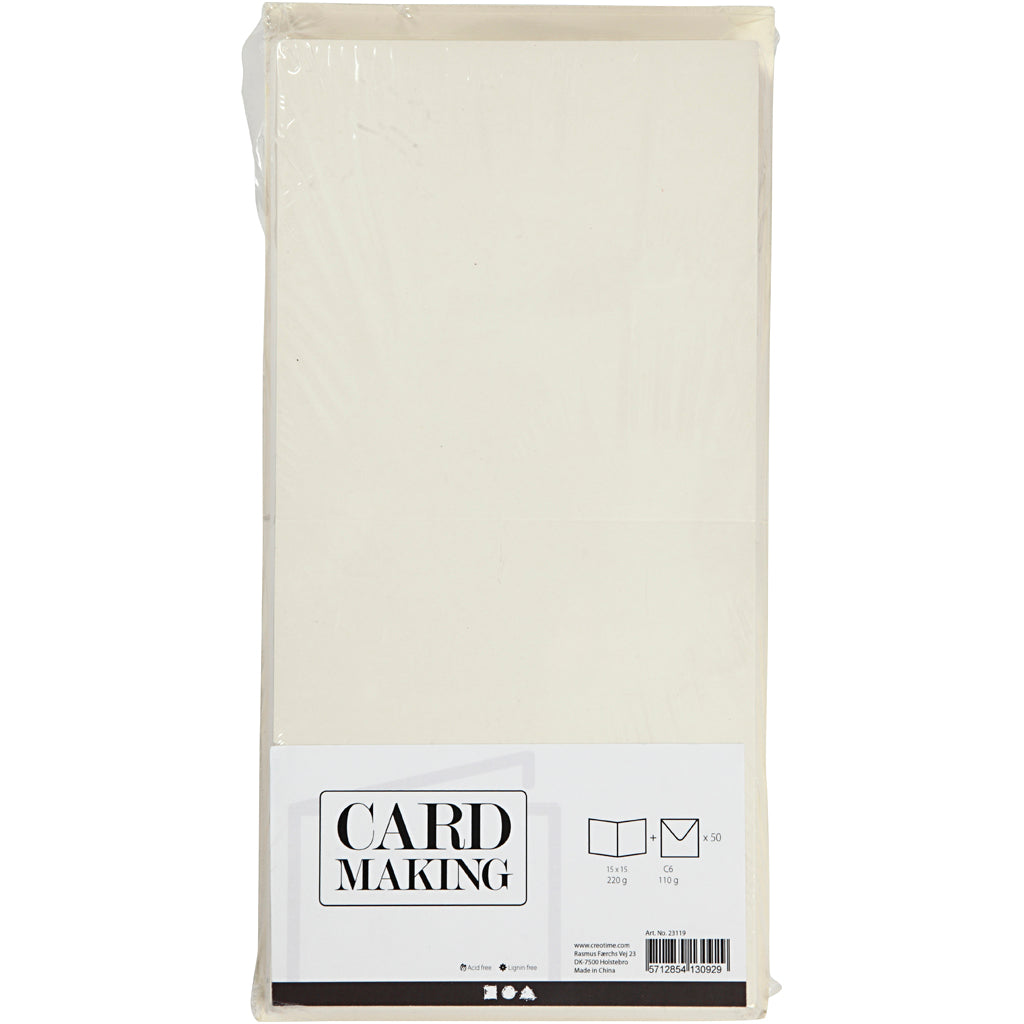 Cartes & Enveloppes, dimension carte 15x15 cm, dimension enveloppes 16x16 cm, blanc cassé, 50sets [HOB23119]