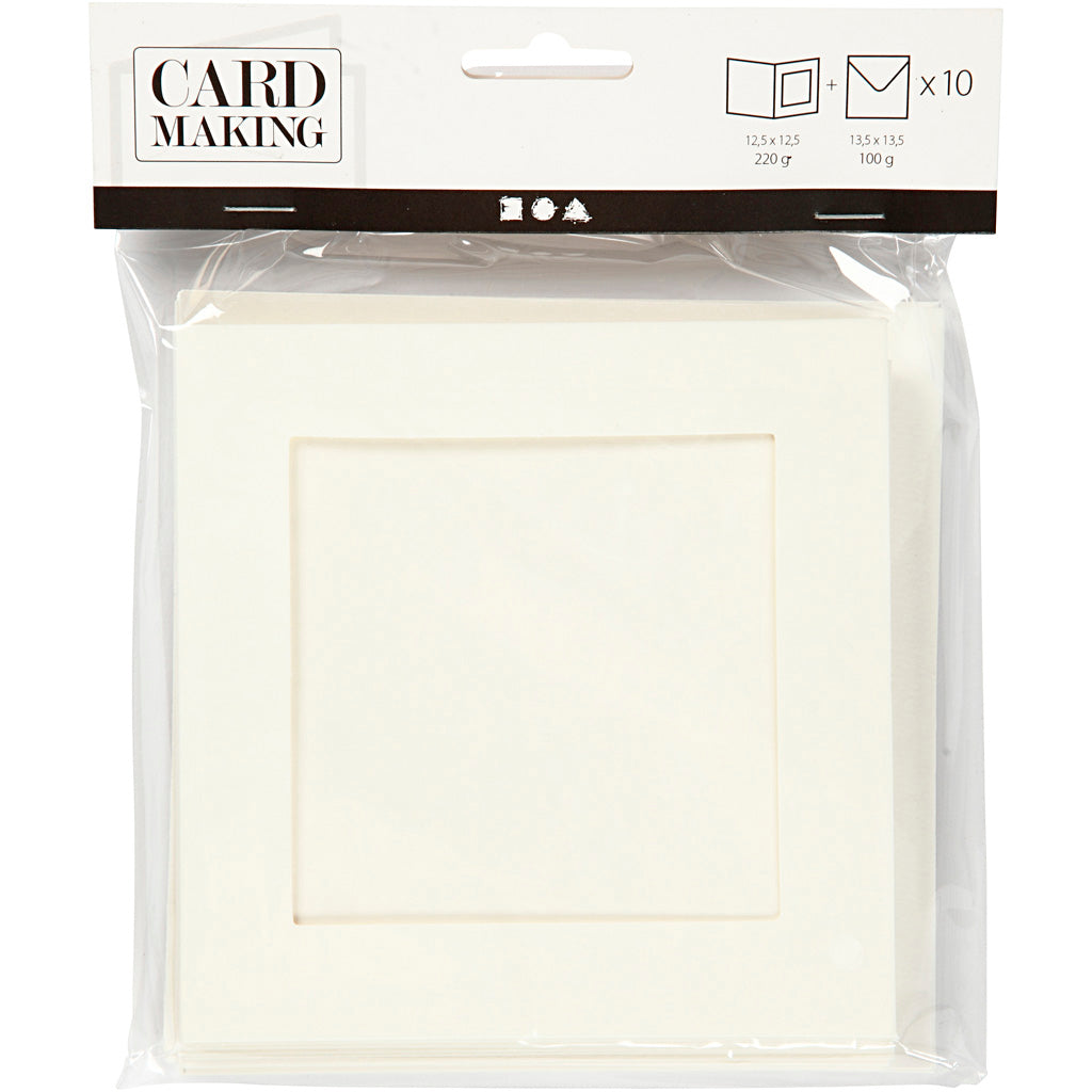 Cartes cadres et enveloppes, dimension carte 12,5x12,5 cm, dimension enveloppes 13,5x13,5 cm, blanc cassé, carré, 10sets, diamètre intérieur 8,5x8,5 cm [HOB23740]