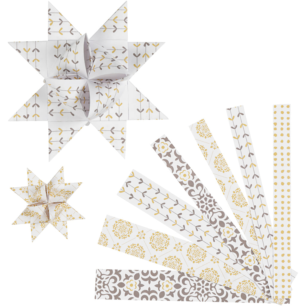 Paper Star Strips, L: 44+78 cm, dia. 6,5+11,5 cm, W: 15+25 mm, gold, white, 48 strips
