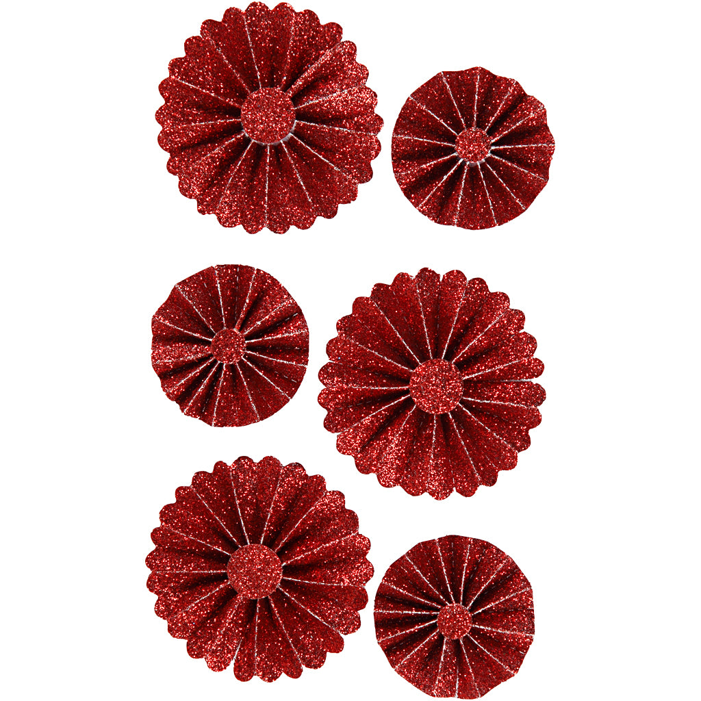 Paper Rosettes, dia. 35+50 mm, red glitter, 6 pc