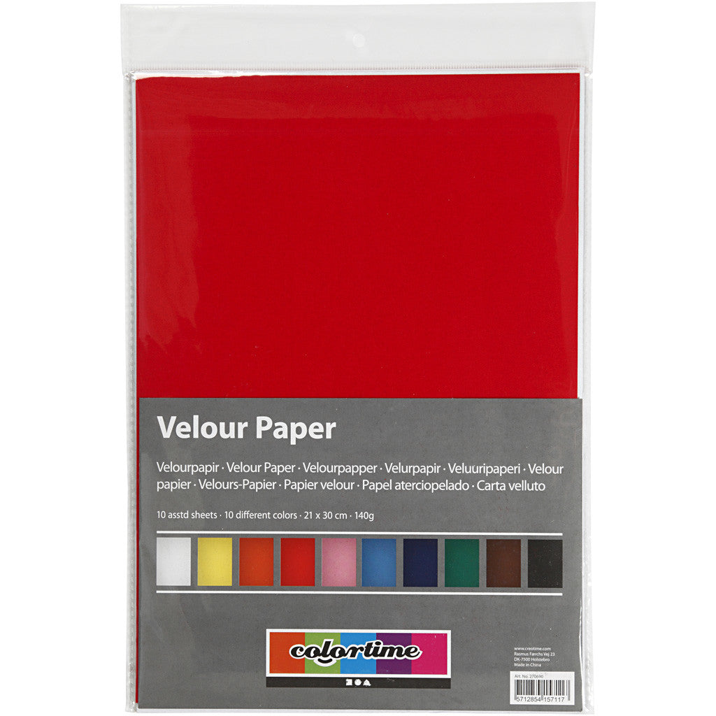 Papier velours, A4, feuille 210x297 mm, 140 gr, ass. de couleurs, 10 flles/ 1 Pq. [HOB-270690]