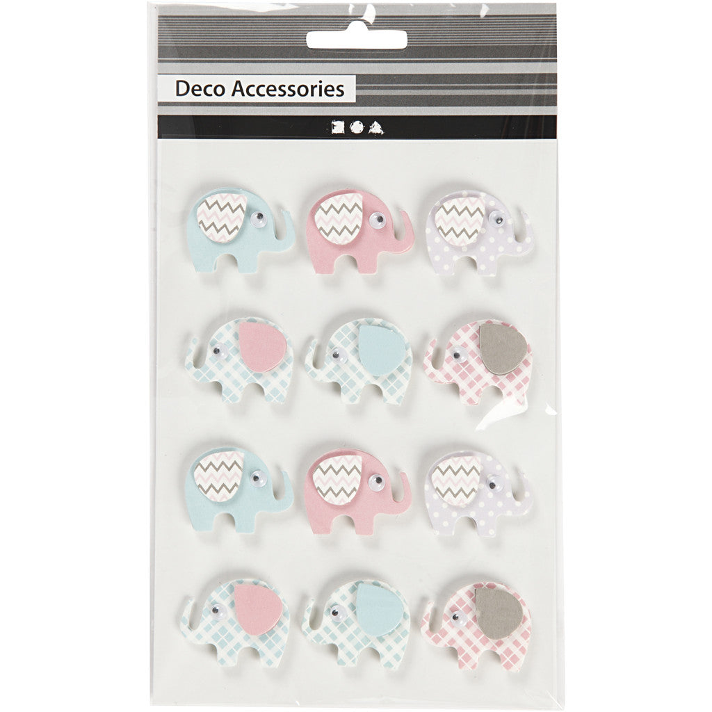 Stickers 3D, elefanti, H: 25 mm, L: 31 mm, spess. 7 mm, 12 pz/ 1 conf. [HOB-27096]
