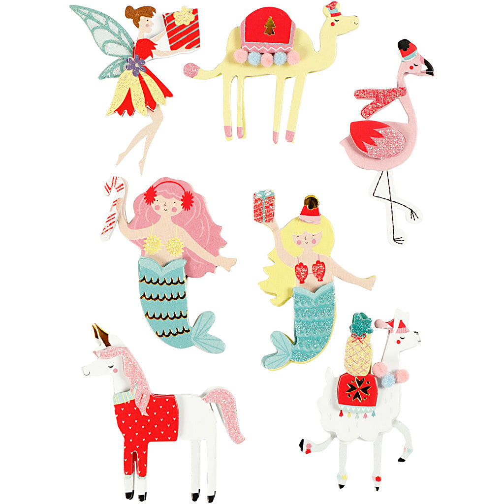3D Stickers, flamingo, llama, mermaid, H: 50-60 mm, W: 30-45 mm, thickness 7 mm, 7 pc