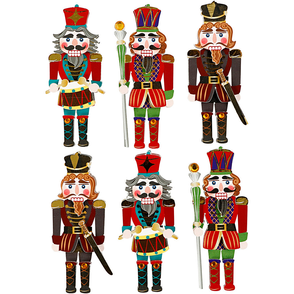 3D Stickers, nutcracker, H: 75 mm, W: 30 mm, thickness 7 mm, 6 pc