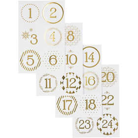 Numeri calendario dell'Avvento, diam 40 mm, foglio 9x14 cm, oro, bianco, 4 fgl./ 1 conf. [HOB-28457]