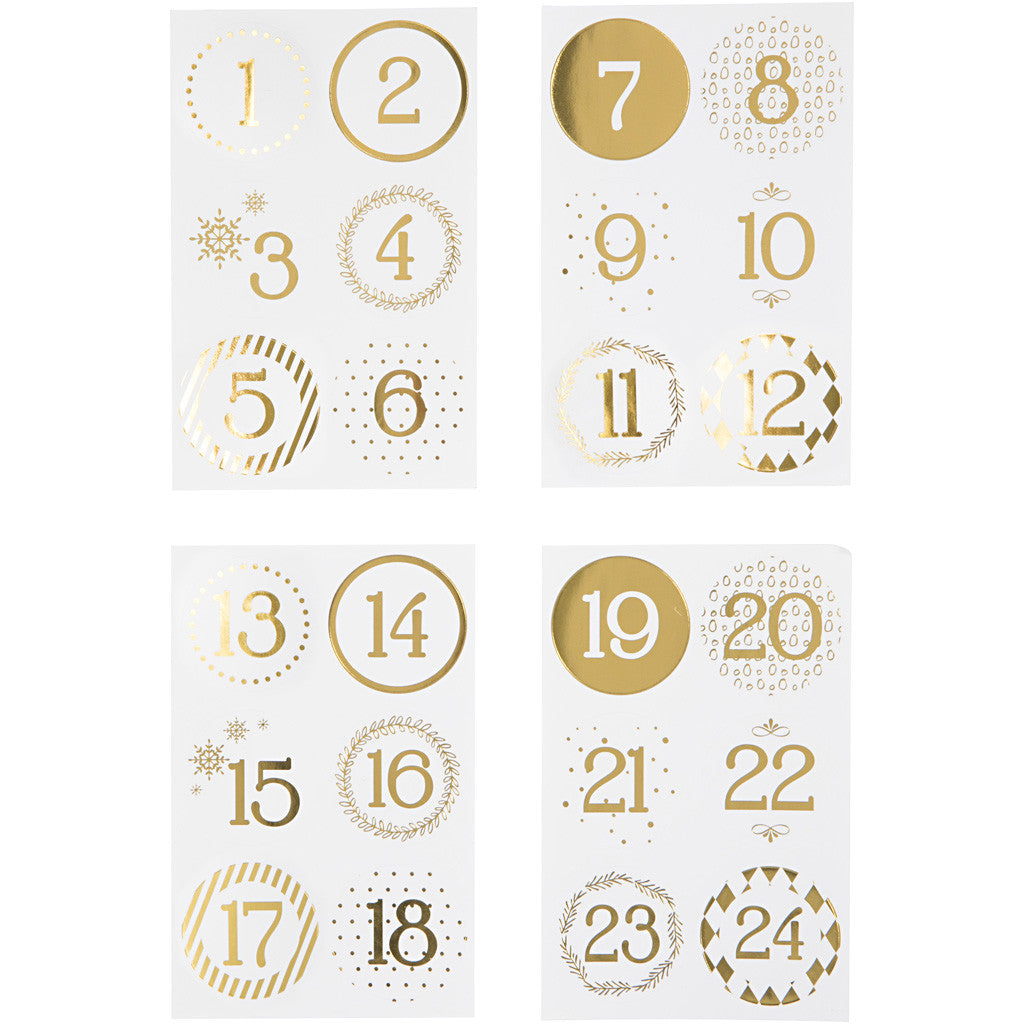 Numeri calendario dell'Avvento, diam 40 mm, foglio 9x14 cm, oro, bianco, 4 fgl./ 1 conf. [HOB-28457]