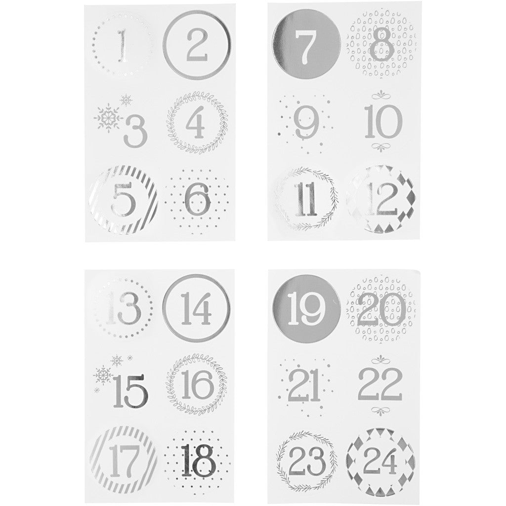 Numeri calendario dell'Avvento, diam 40 mm, foglio 9x14 cm, argento, bianco, 4 fgl./ 1 conf. [HOB-28458]