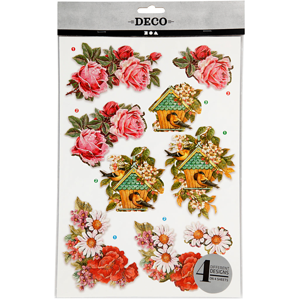 Motivi decoupage 3D, fiori e uccelli, foglio 21x30 cm, 4 fgl./ 1 conf. [HOB-28701]