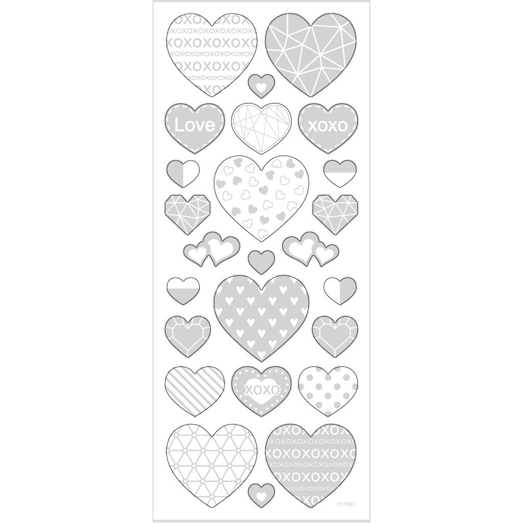Stickers, Herzen, Blatt 10x24 cm, ca. 25 Stk, Silber, 1 Bl. [HOB-29140]