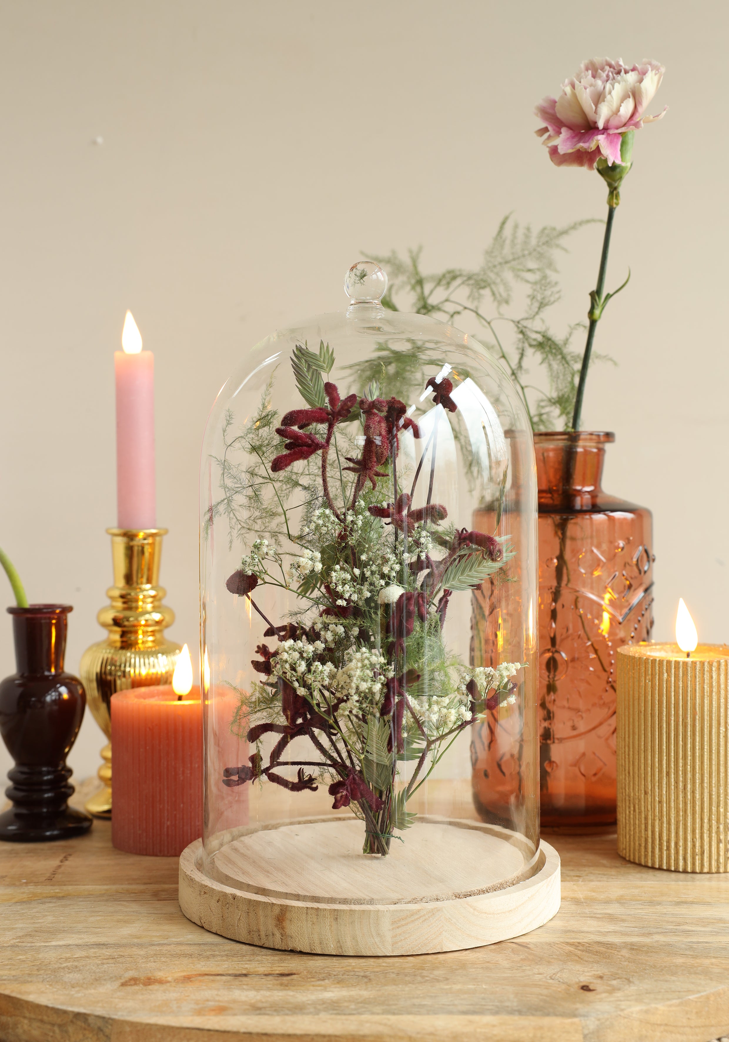 Campana di vetro con pomello in vetro con base in legno Ø17 h.28 cm (1 pz) [IFS-29315]