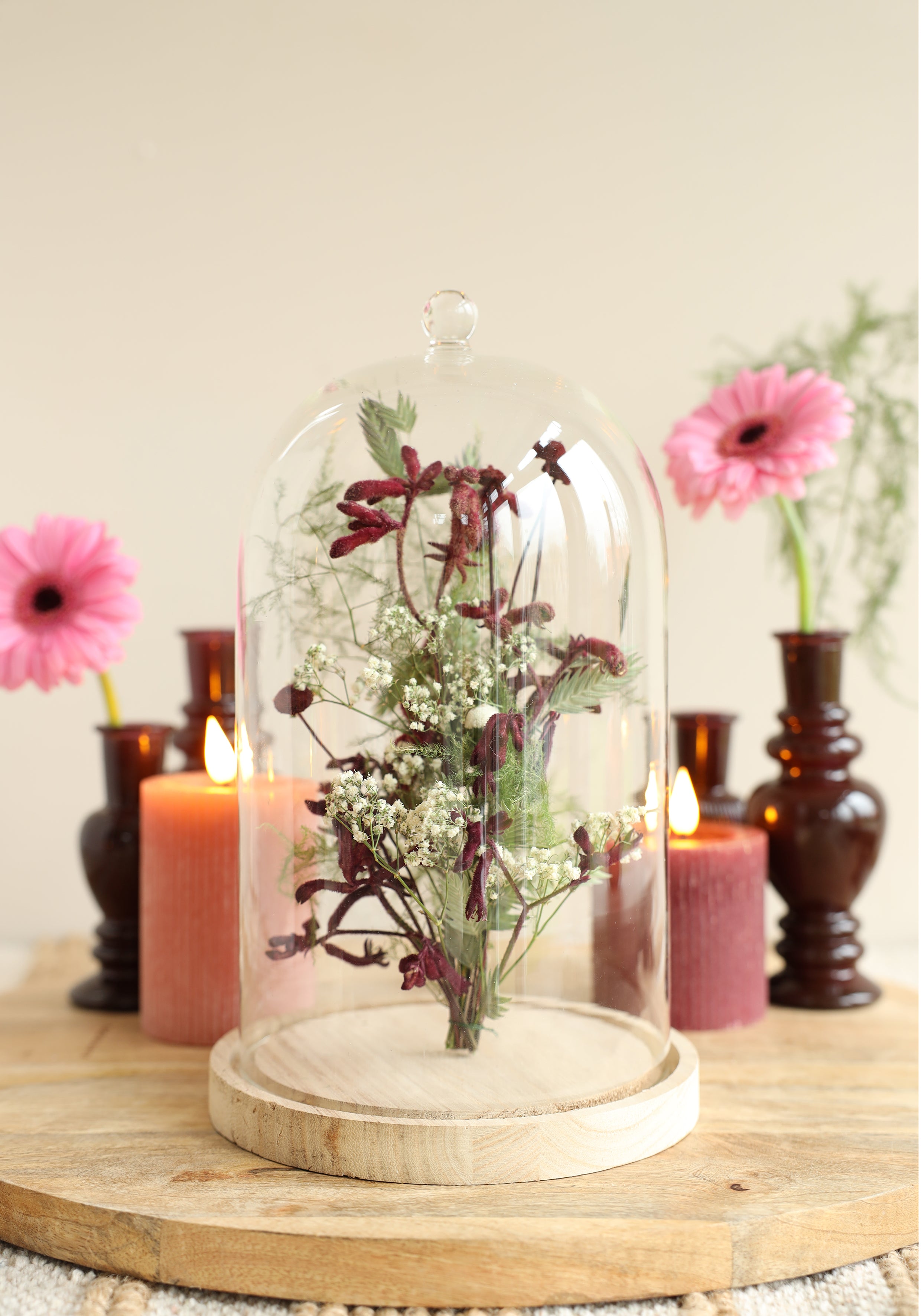 Campana di vetro con pomello in vetro con base in legno Ø17 h.28 cm (1 pz) [IFS-29315]