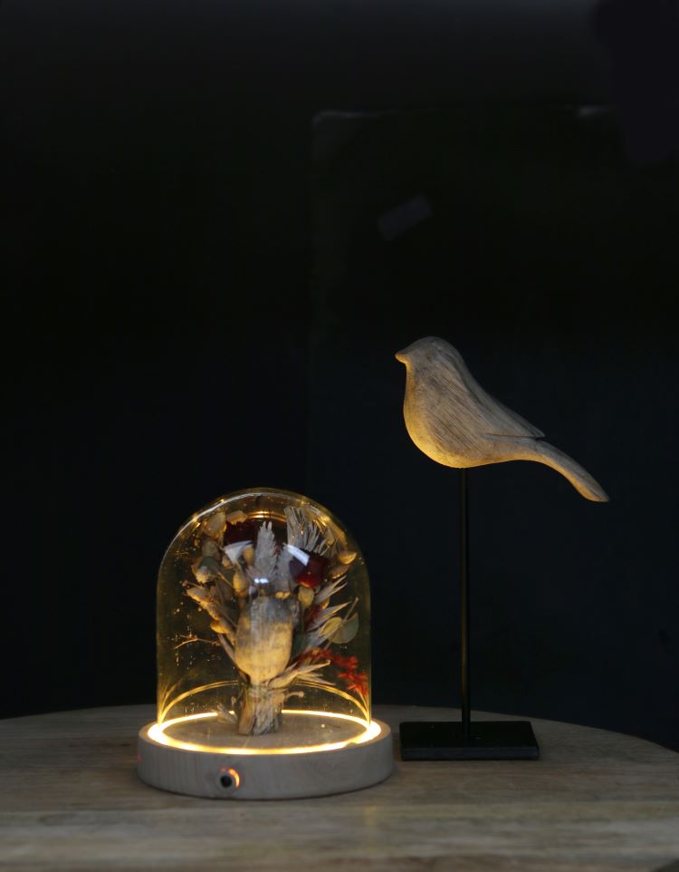 Cloche à LED en verre Ø10cm avec base en bois (1 pièce) [IFS-29491]