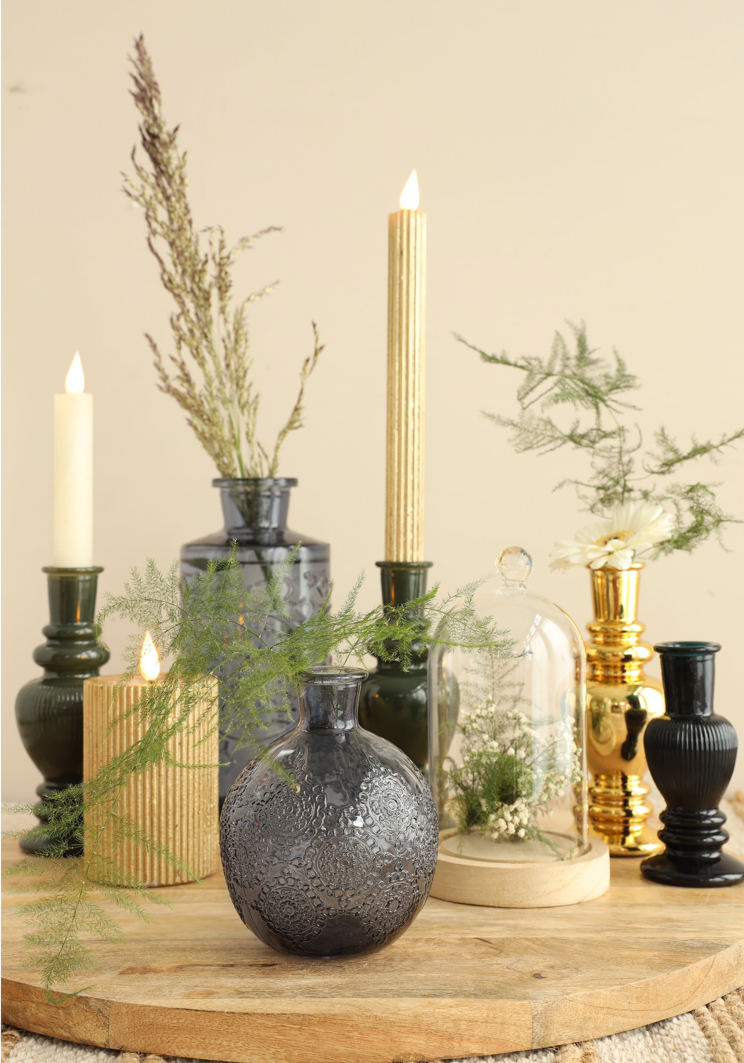 Campana di vetro con pomello in vetro con base in legno Ø14 h.23,5 cm (1 pz) [IFS-29314]