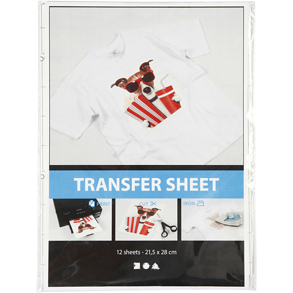 Feuille de papier transfert, feuille 21,5x28 cm, pour textiles clairs et foncés, blanc, 12 flles/ 1 Pq. [HOB-20701]
