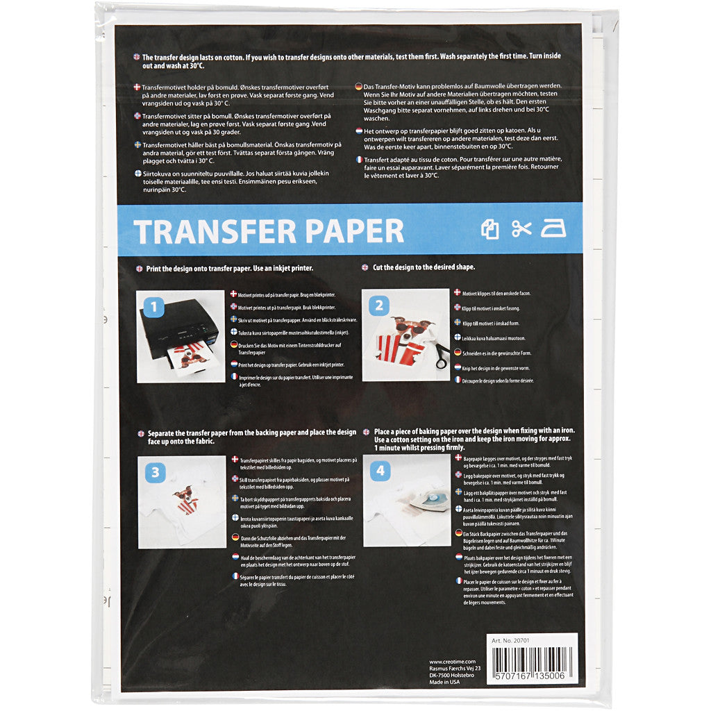 Feuille de papier transfert, feuille 21,5x28 cm, pour textiles clairs et foncés, blanc, 12 flles/ 1 Pq. [HOB-20701]