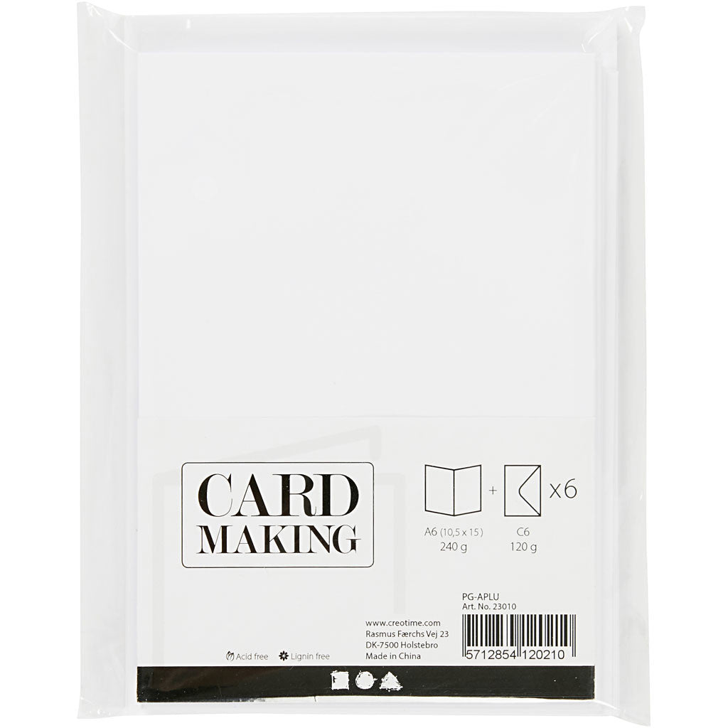 Cartes et enveloppes, dimension carte 10,5x15 cm, dimension enveloppes 11,5x16,5 cm, 110+230 gr, blanc, 6 set/ 1 Pq. [HOB-23010]
